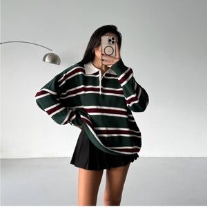 Momo Green Striped Polo Neck Knit Sweater